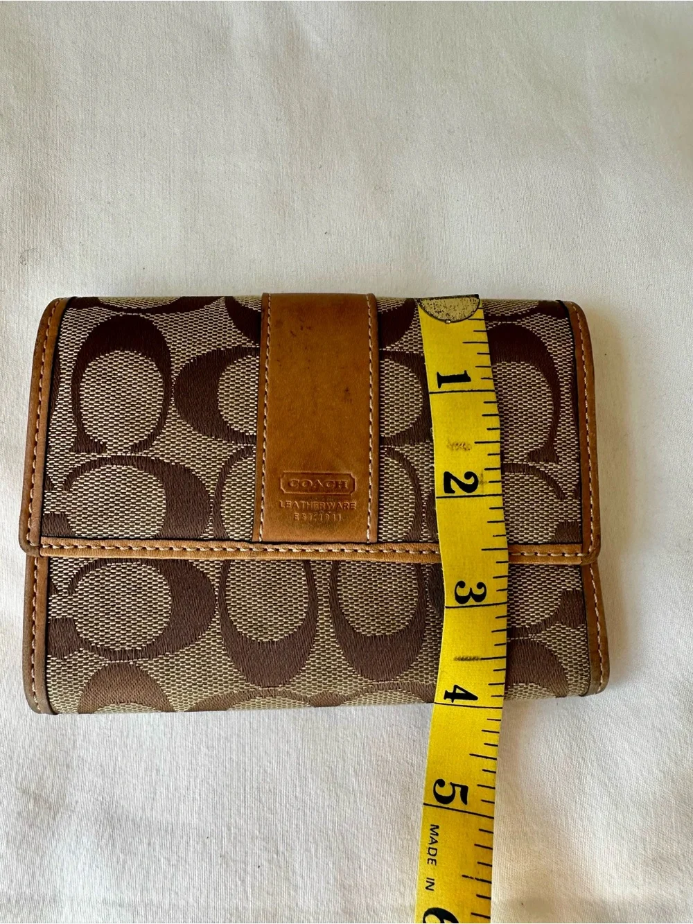 Coach Signature Canvas Trifold Wallet Khaki Brown Jacquard Leather Vintage Y2K